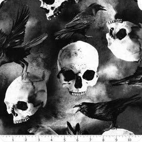 Wicked Grey Ravens on Skulls Digitally Printed Yardage | SKU# CD1829-GREY