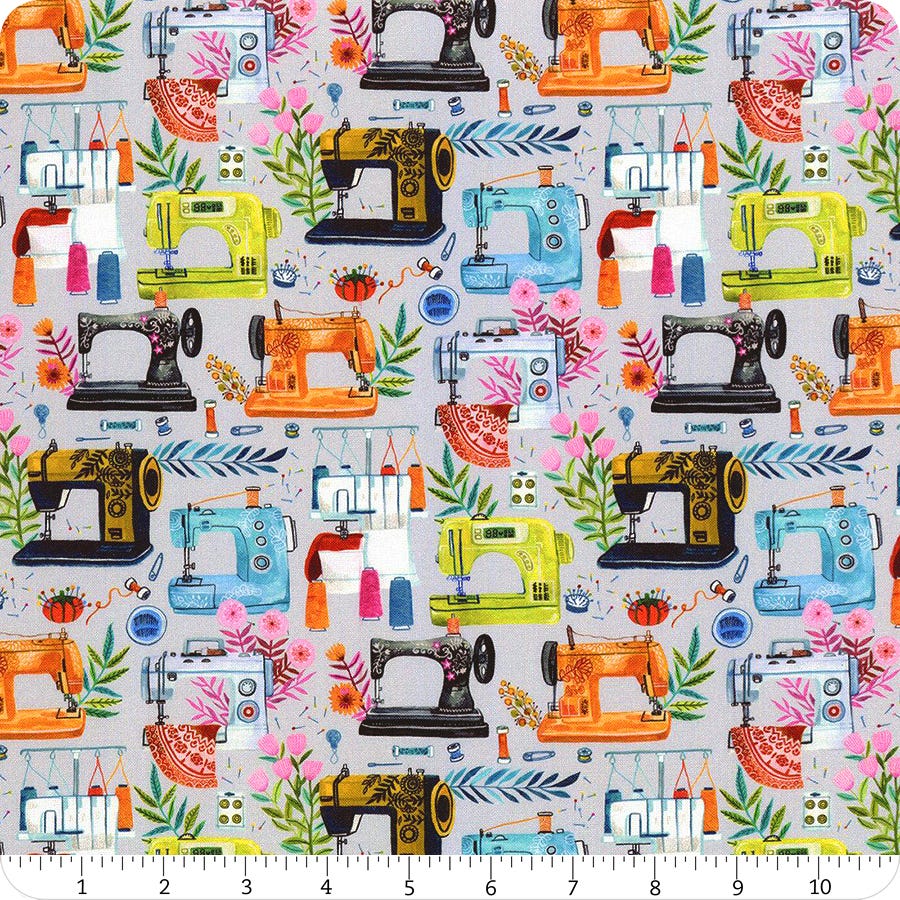 100% Quilting Cotton Sewing Machines Dove Gray Fabric ~ Sew Mischievous Collection by Miriam Bos for Dear Stella Design