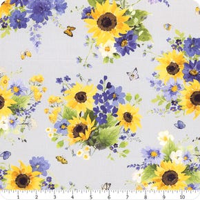 Sunflower Bouquets Mist Gray Tossed Bouquets Digitally Printed Yardage | SKU# Y3908-116