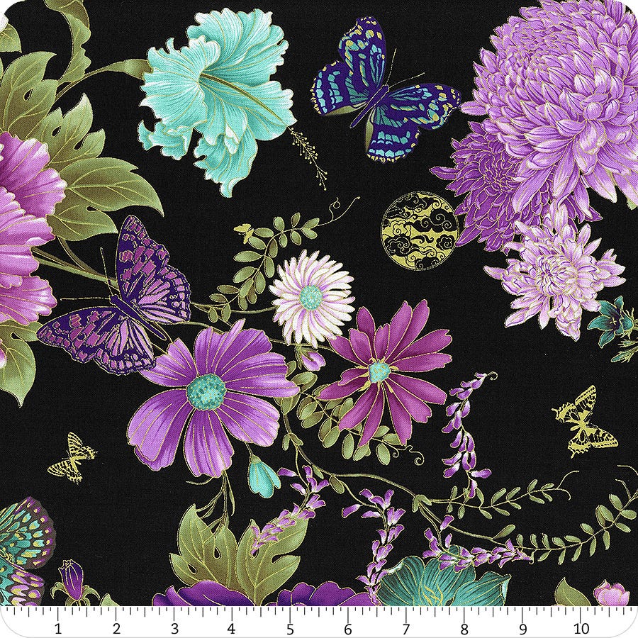 Shizuka Black Asian Floral & Butterflies Metallic Yardage
